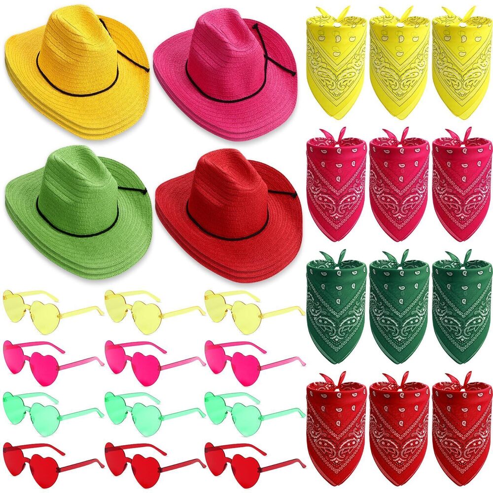 9523 12 Pieces Straw Cowboy Hats with Bandanas and Glasses, Costume Hat